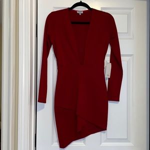 XS - Long sleeve red dress with plunging neckline
